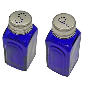 Retro Genuine Cobalt Blue Glass Salt and Pepper Shakers Stainless Steel Lids NEW